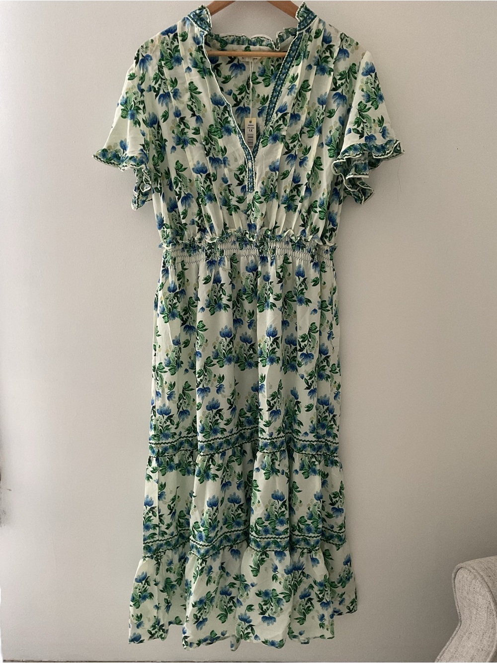 Max Studio Blue/Green/White Floral Ruffled Neck & Sleeve Midi Dress Event NWT 1X